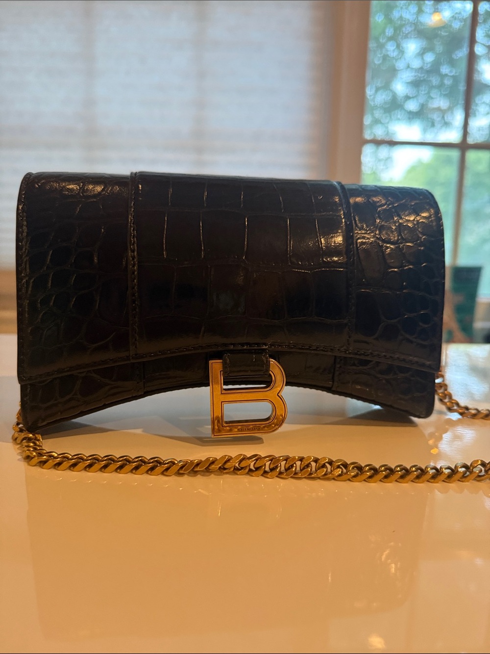 Balenciaga Black Croc-Embossed Leather Crossbody with Gold 'B' Chain